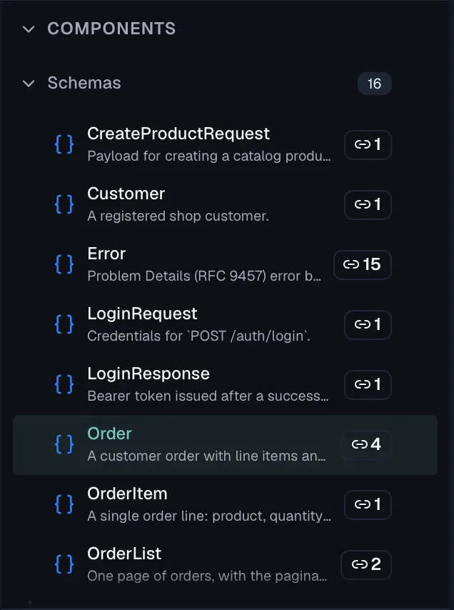 The schema list with usage counts