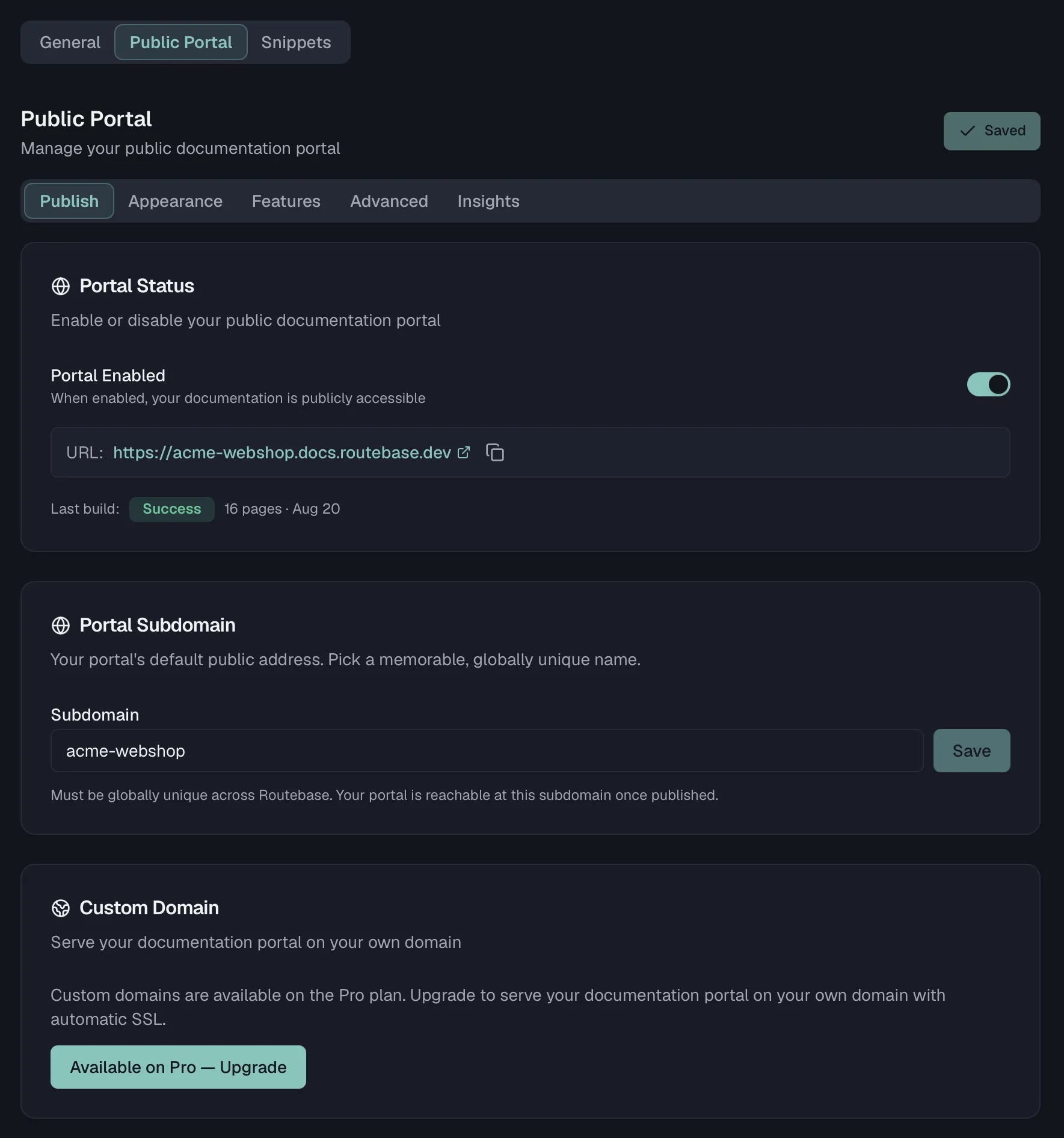 The Public Portal settings on the Publish tab with the portal status, the subdomain and the custom domain