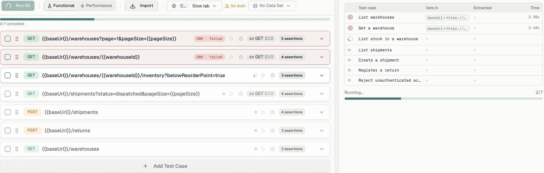 A suite run in flight with finished result pills above, one running case and dimmed queued cards below