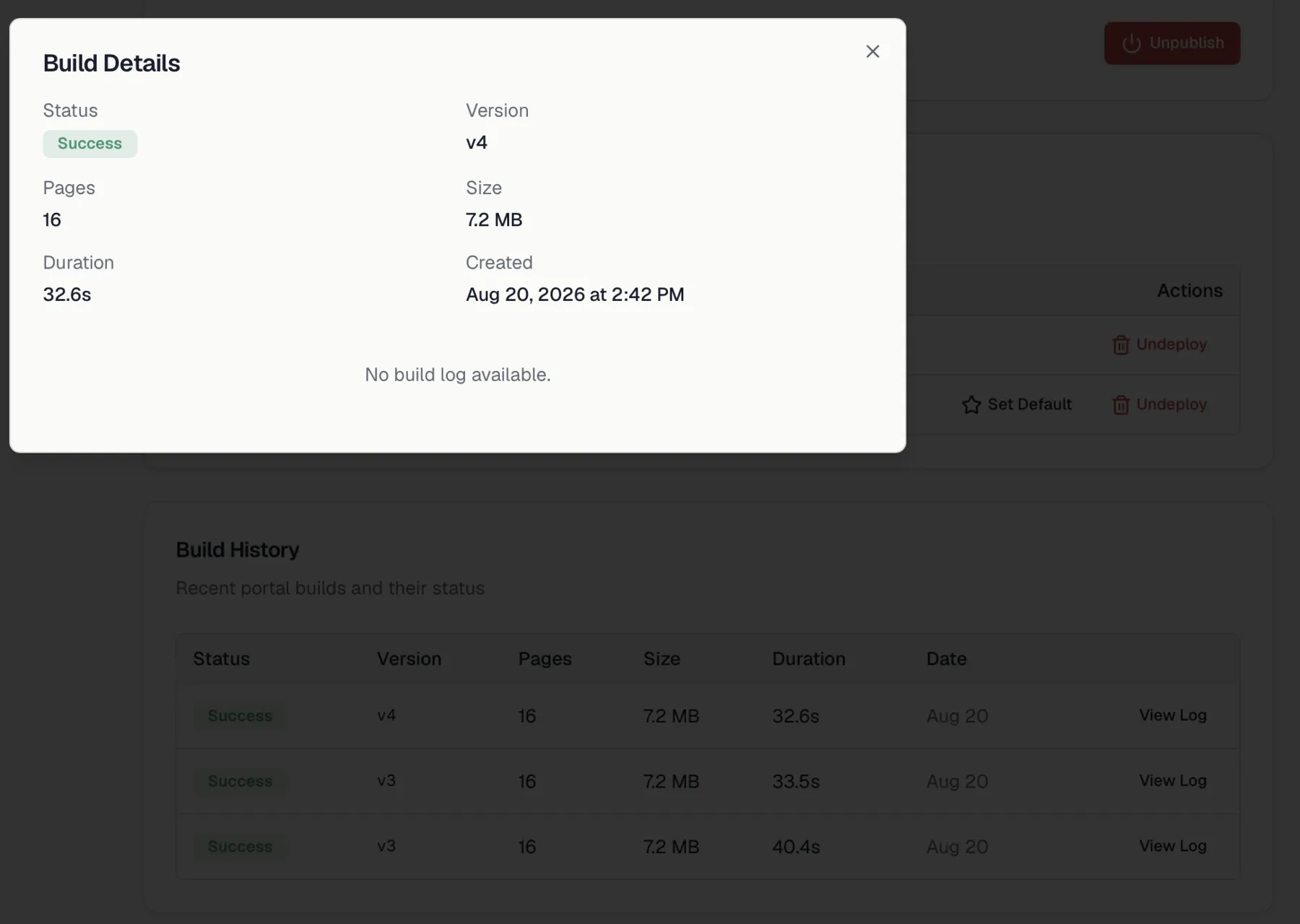 Build history table with a build log dialog open