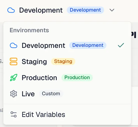 The environment switcher dropdown in the header