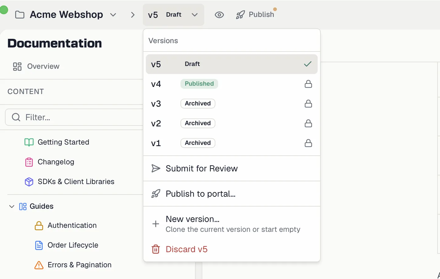 The version switcher popover with the version list and status actions