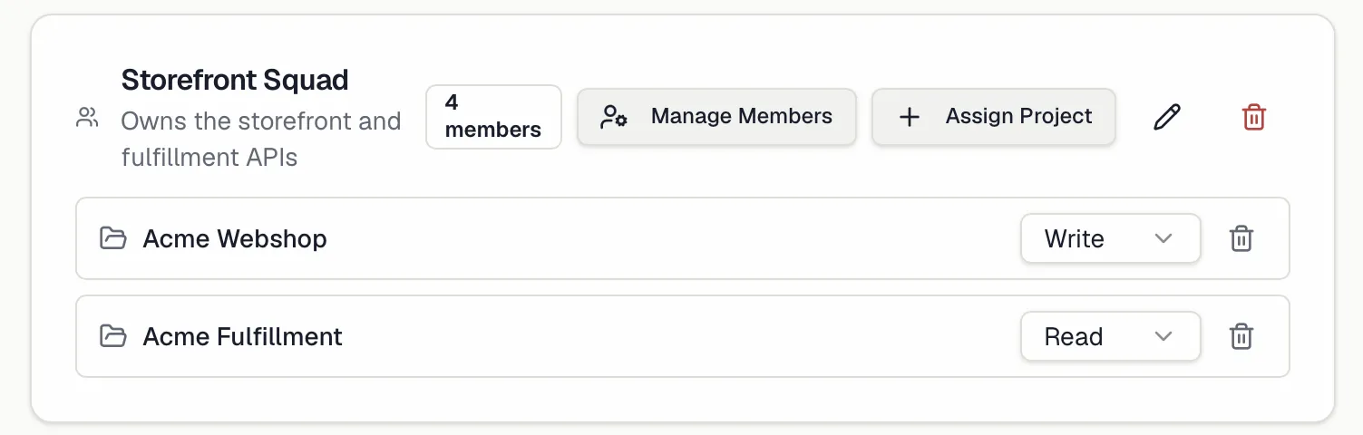 A team card with assigned projects and per-project access level selectors