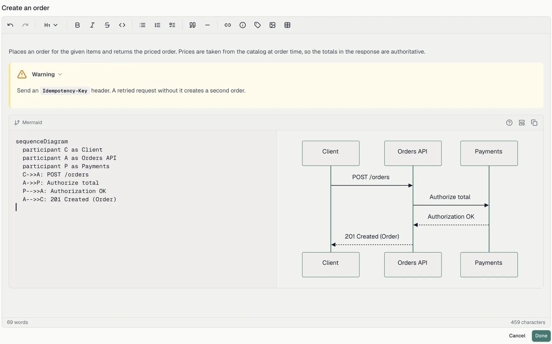 The description editor with its toolbar, a warning callout and a Mermaid sequence diagram with live preview