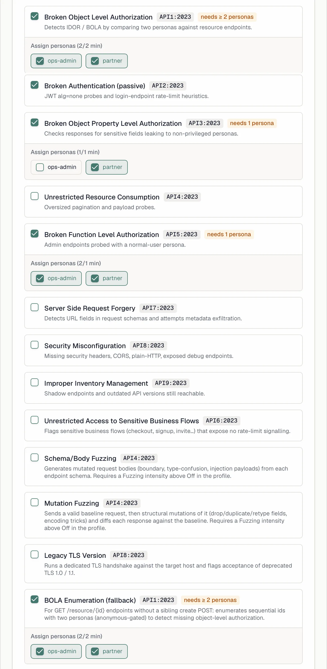The scanner list in the scan profile editor with all thirteen scanners and their OWASP categories