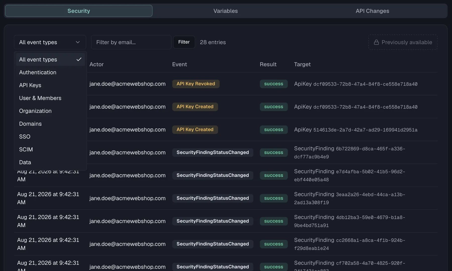 The Audit Log page on the Security tab with event type filters