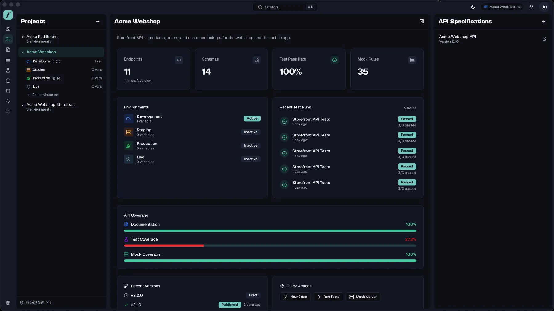 The Projects page with the project list, overview dashboard, and API specifications panel