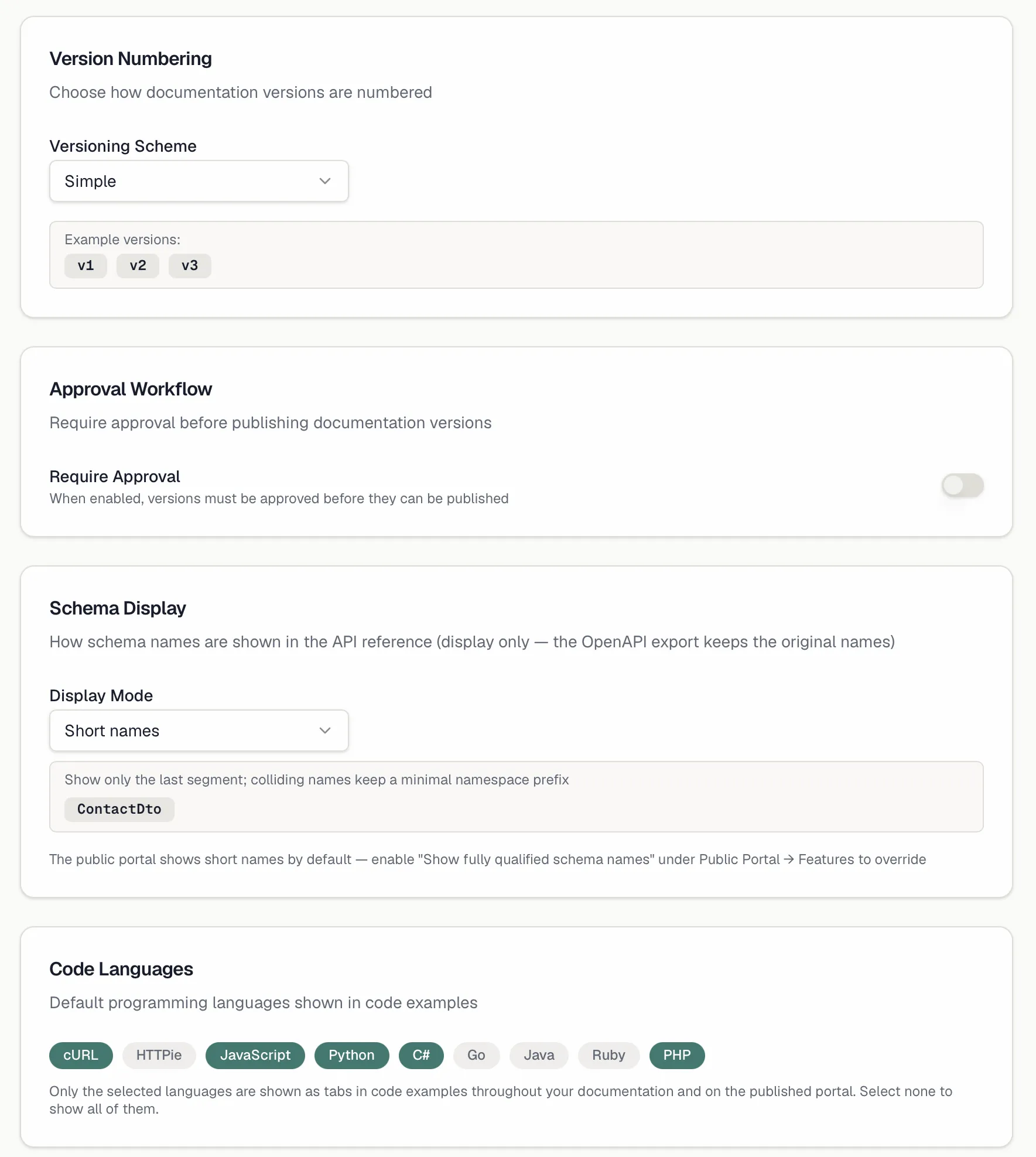 The General settings card with version numbering, the approval workflow, Schema Display and the Code Languages selection
