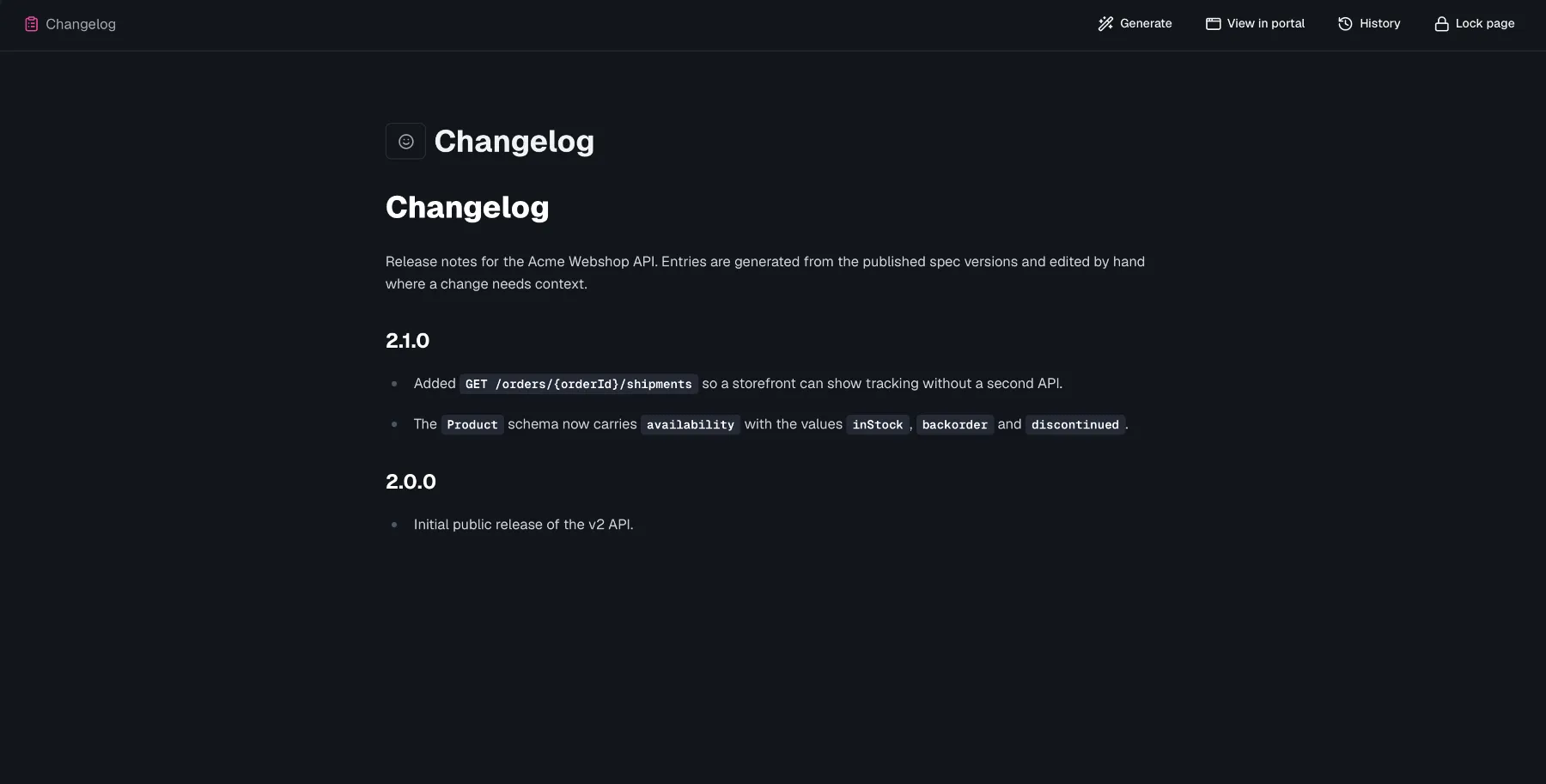 A changelog page in the editor with the Generate button in the header