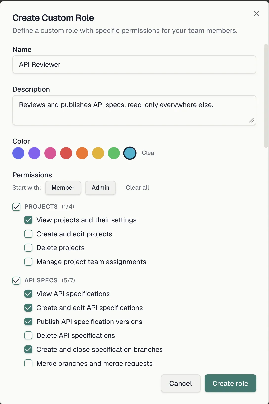 The Create Custom Role dialog with name, color presets and the permission picker