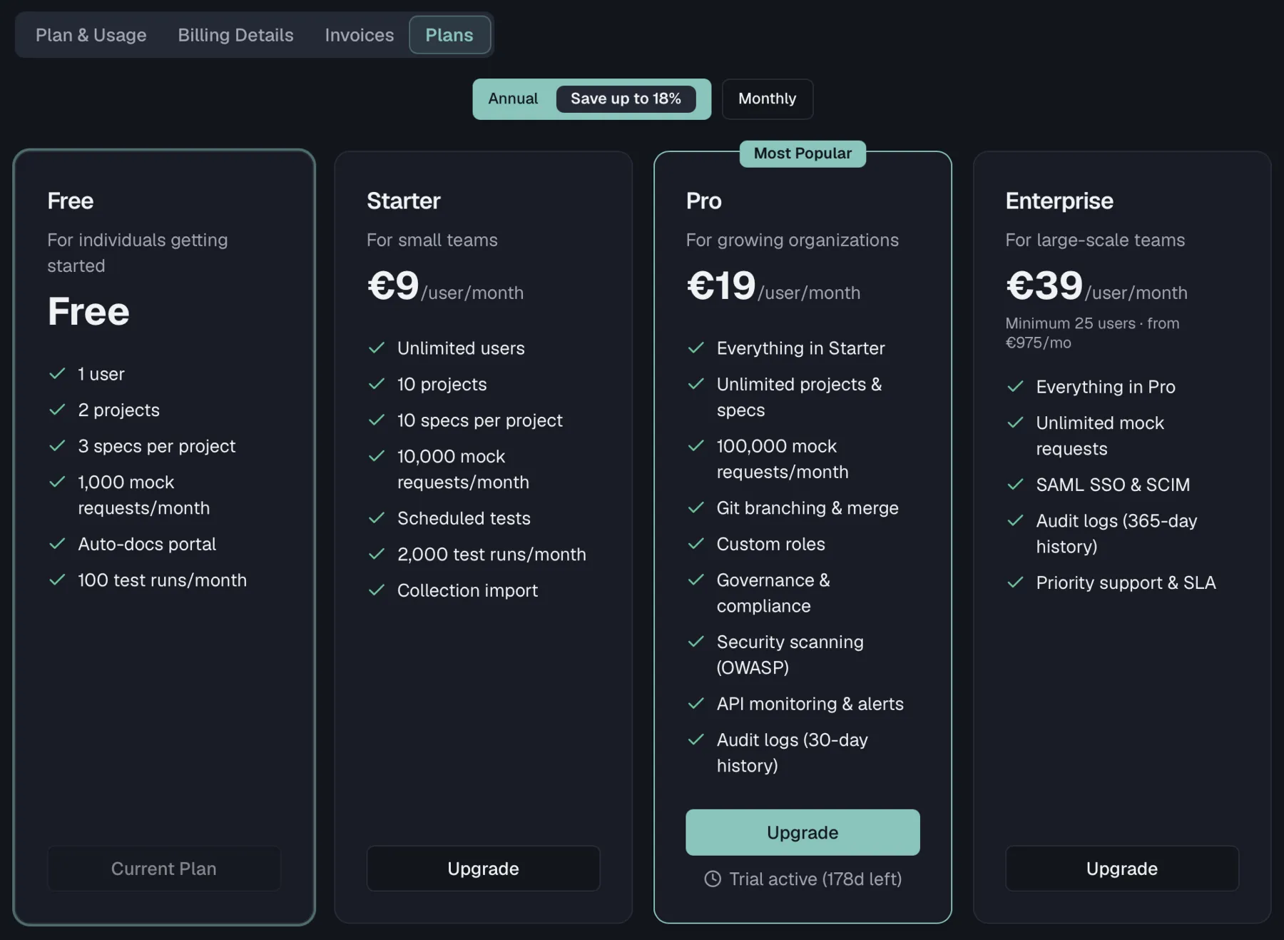 The Plans tab with the four plan cards and the annual/monthly toggle