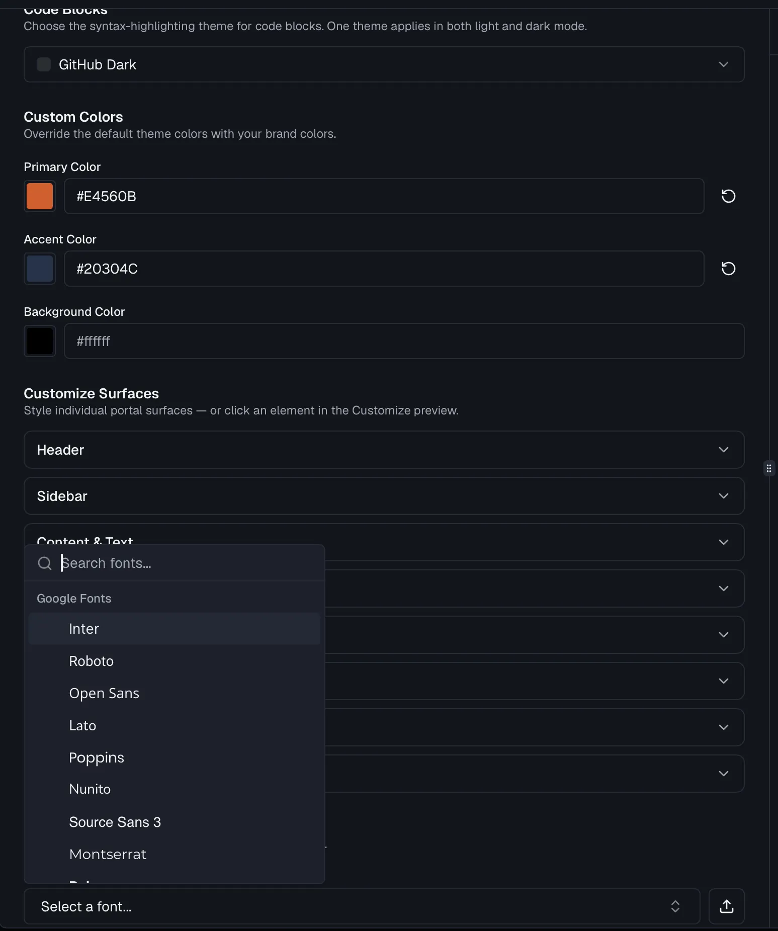 Custom colors and Customize Surfaces with the font picker open