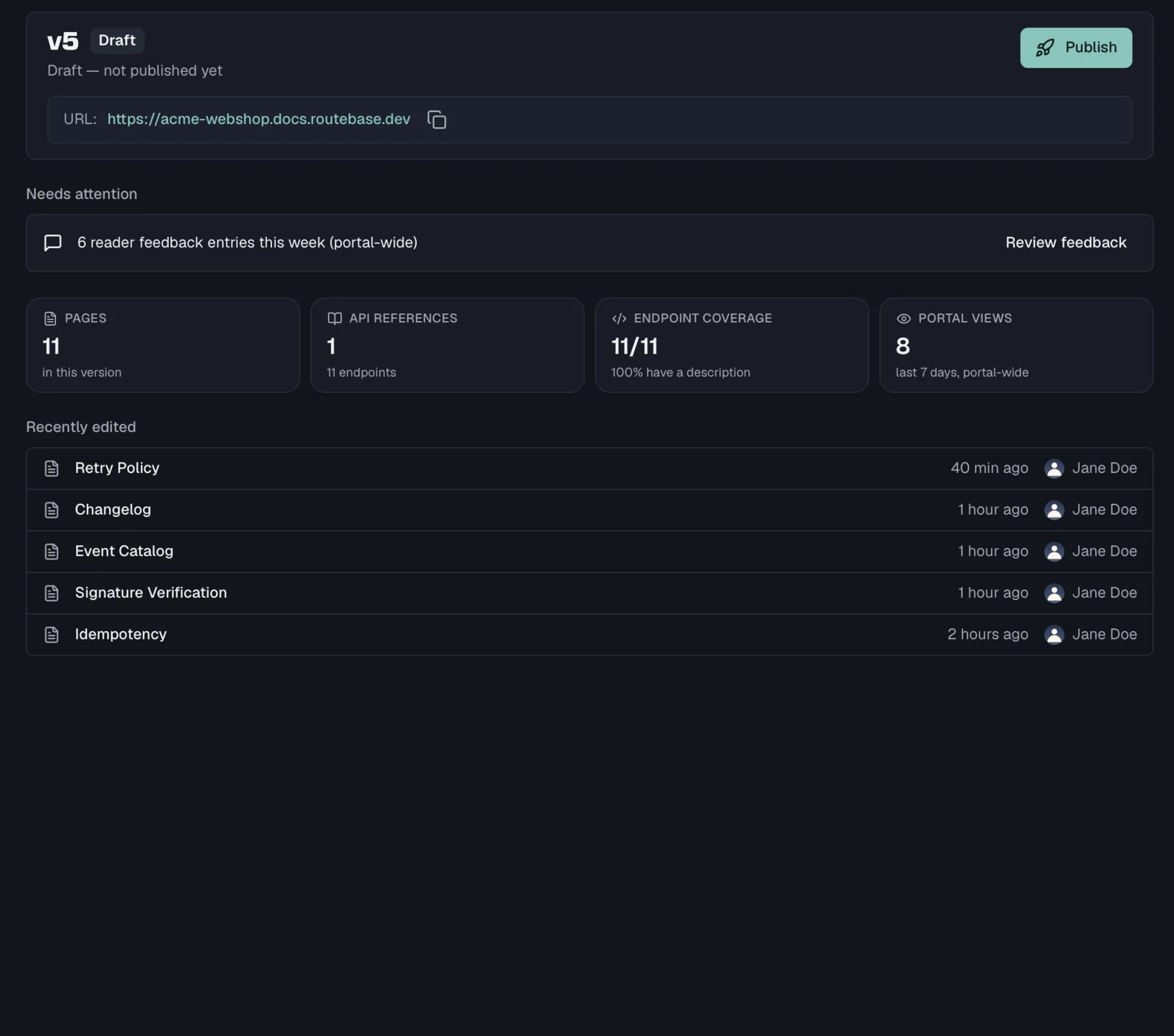 The version overview with its status header, the portal URL, a Needs attention entry, the four stat tiles and Recently edited