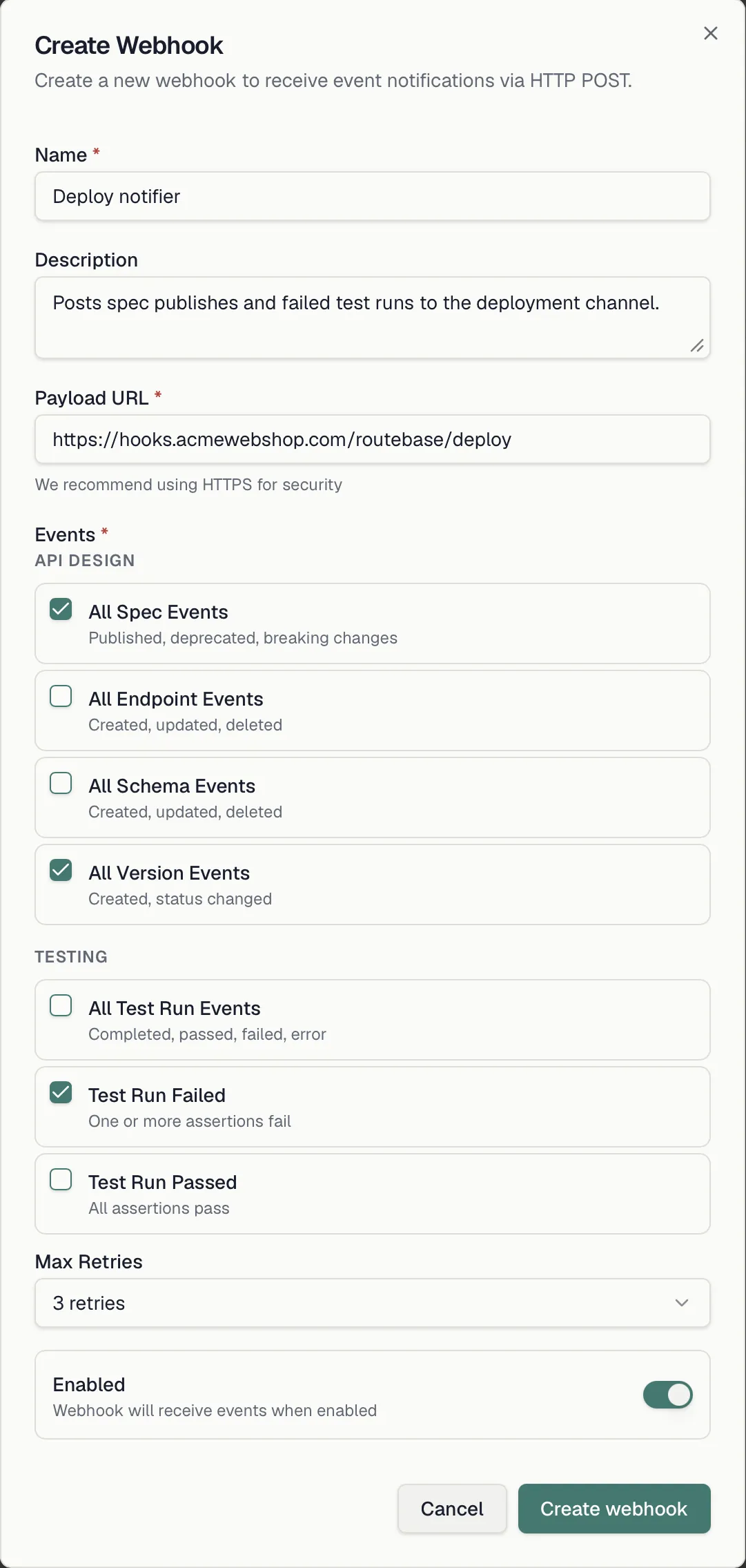 The Create Webhook dialog with name, payload URL, event selection and max retries