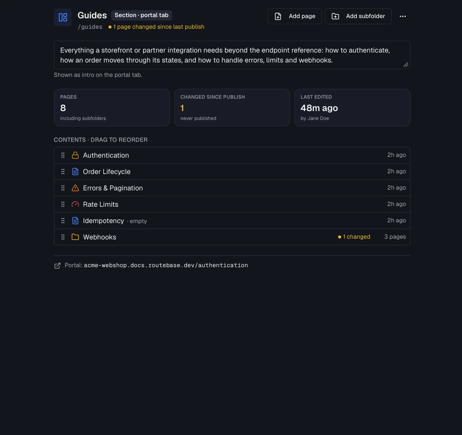 The folder overview of a section with its portal-tab badge, the description field, the stat tiles and the reorderable contents list