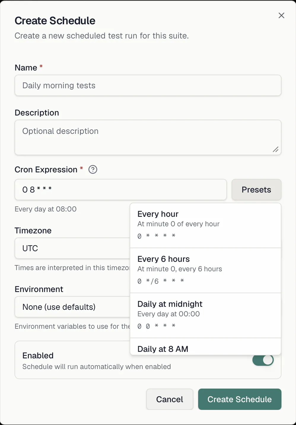 The Create Schedule dialog with cron presets open