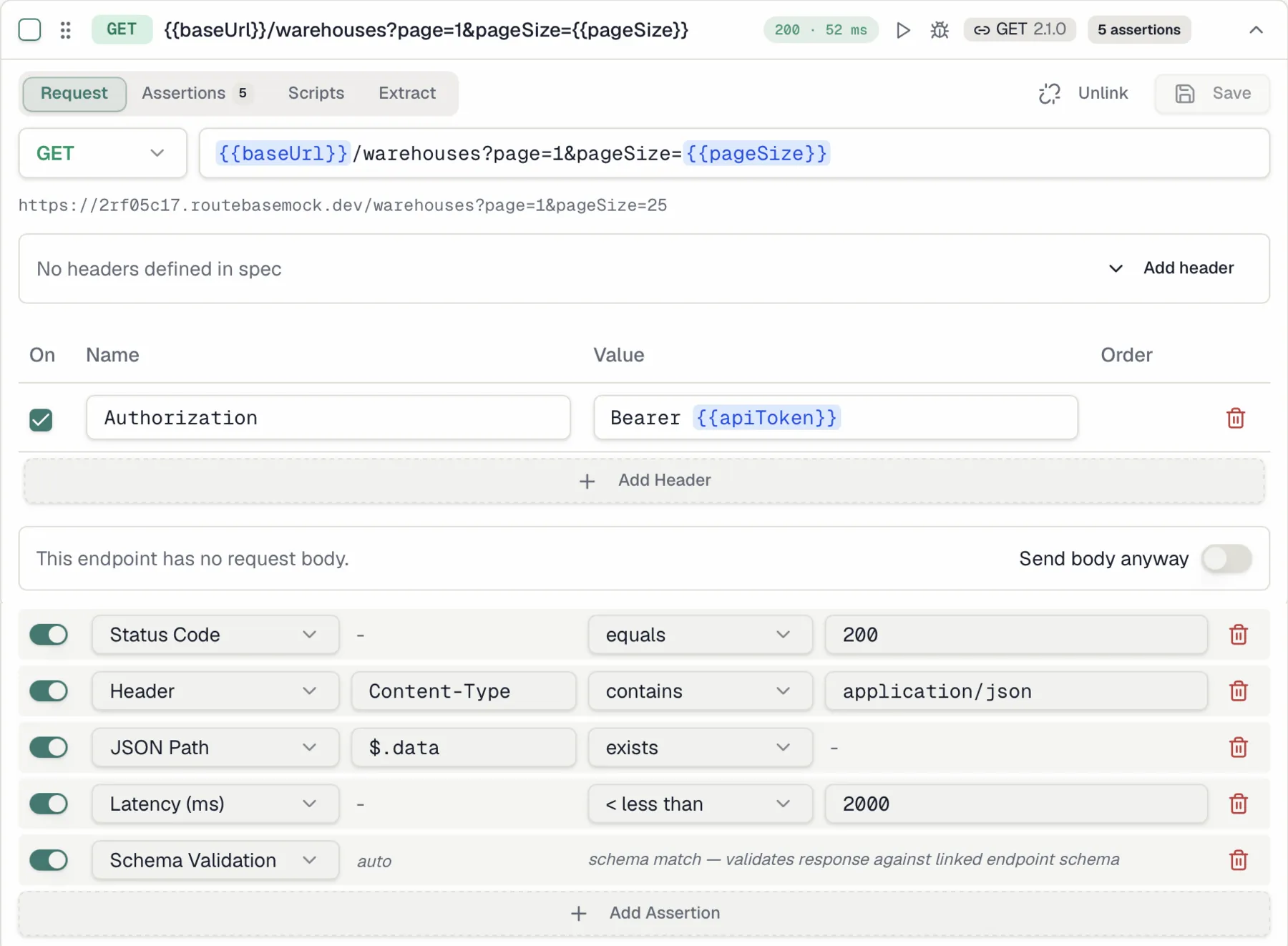An expanded test case with request editor and assertions table