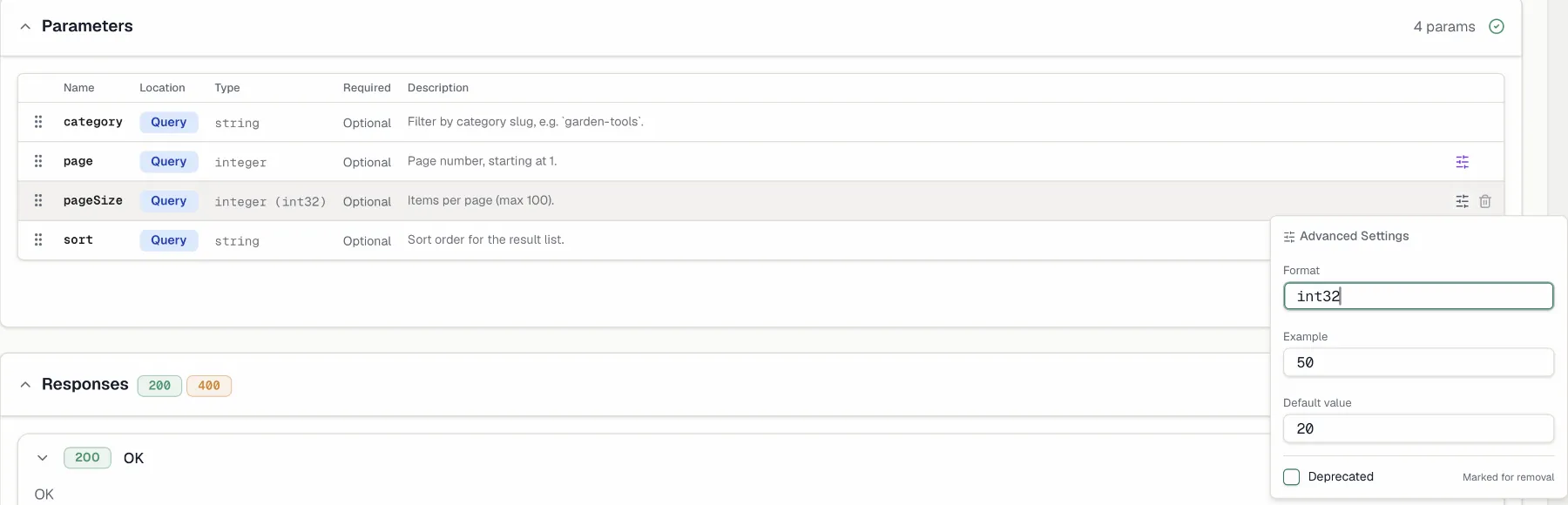 A query parameter with its type, format, default value and example