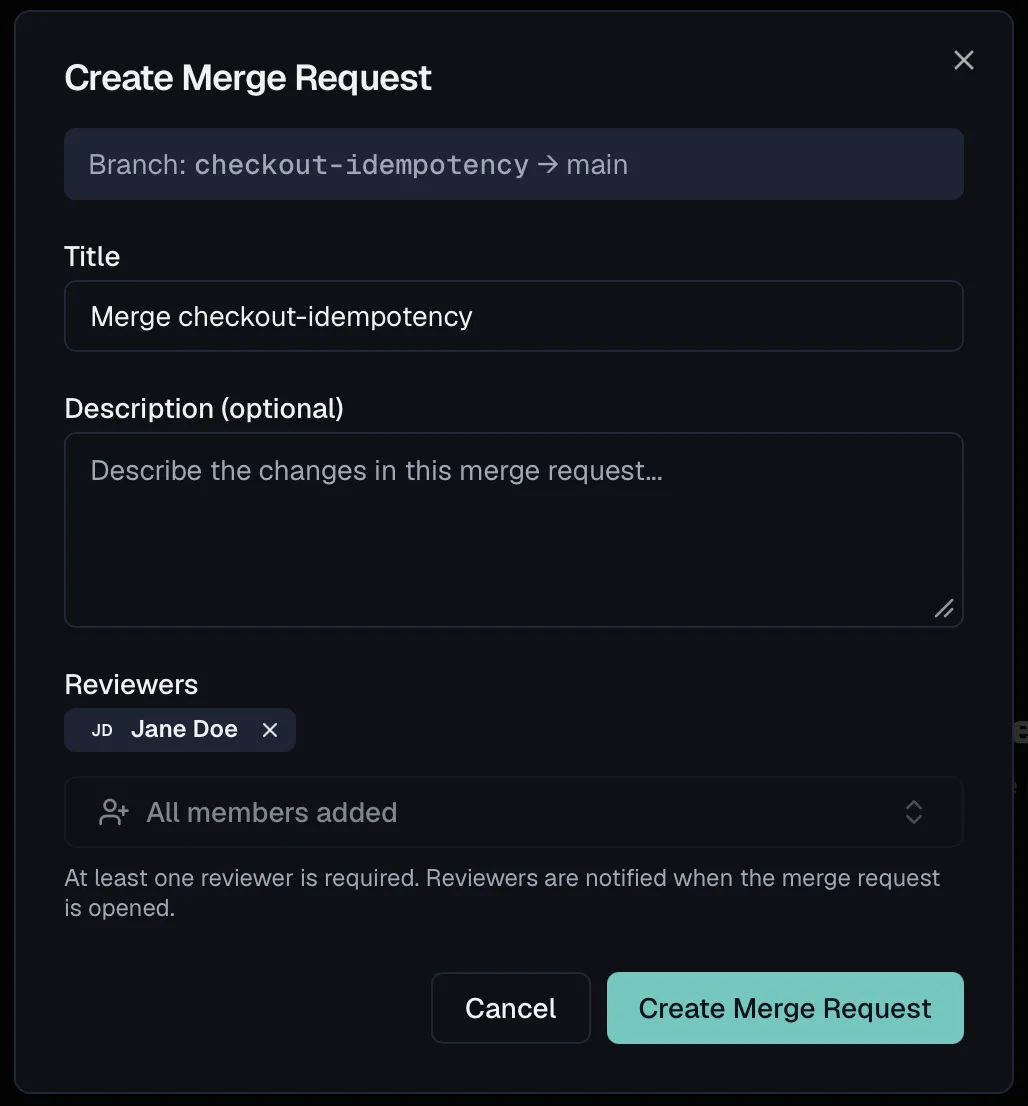 The Create Merge Request dialog with its title, description and the reviewer picker
