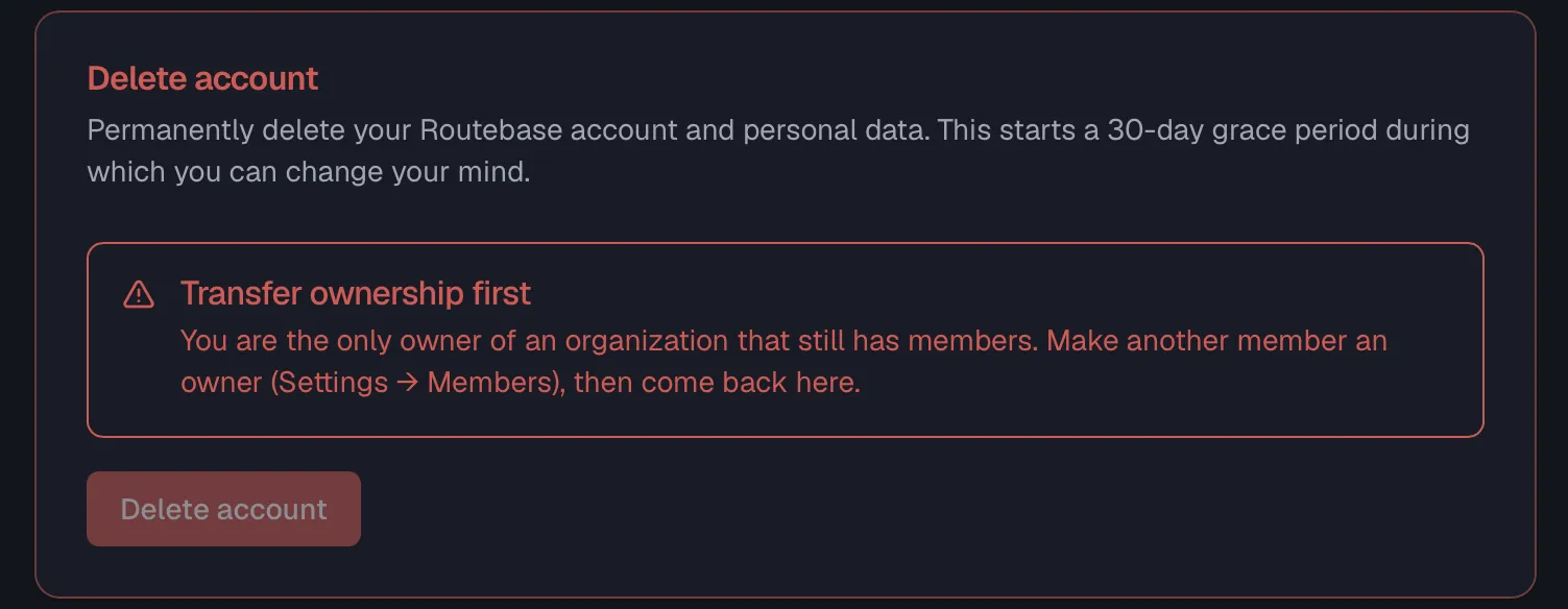 The Delete account card blocked by the notice to transfer ownership first