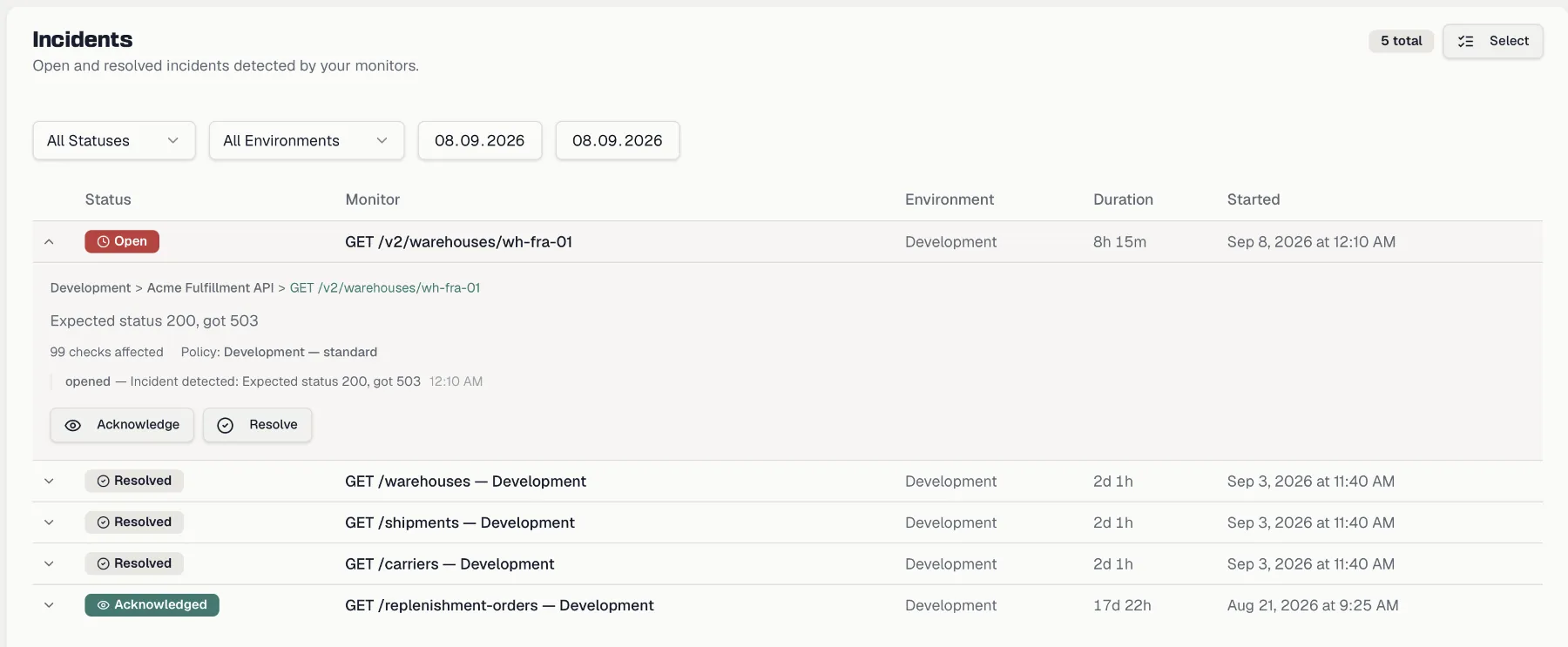 The Incidents page with its filters and an expanded incident row showing its timeline