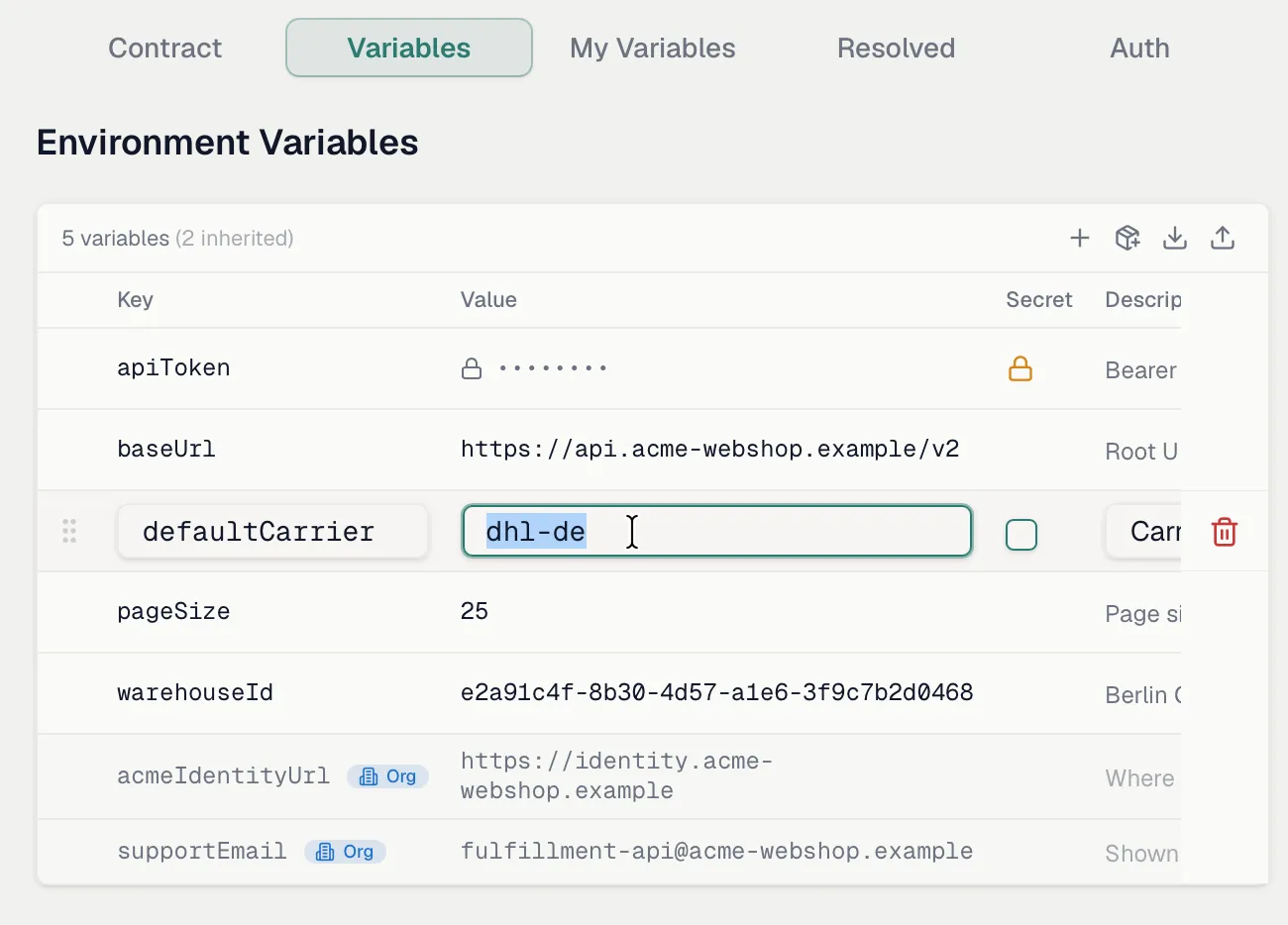 The environment variables table with a row in inline edit mode