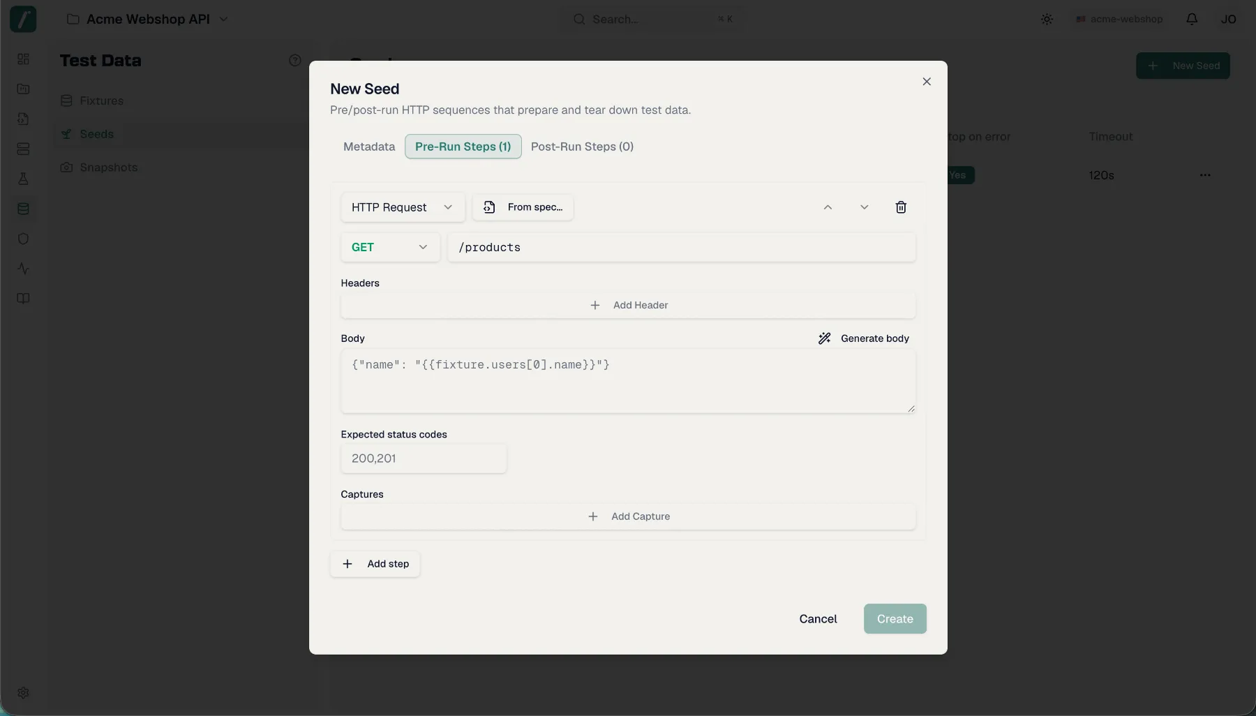 A seed HTTP step with the From-spec endpoint picker, method and URL, generated body and captures