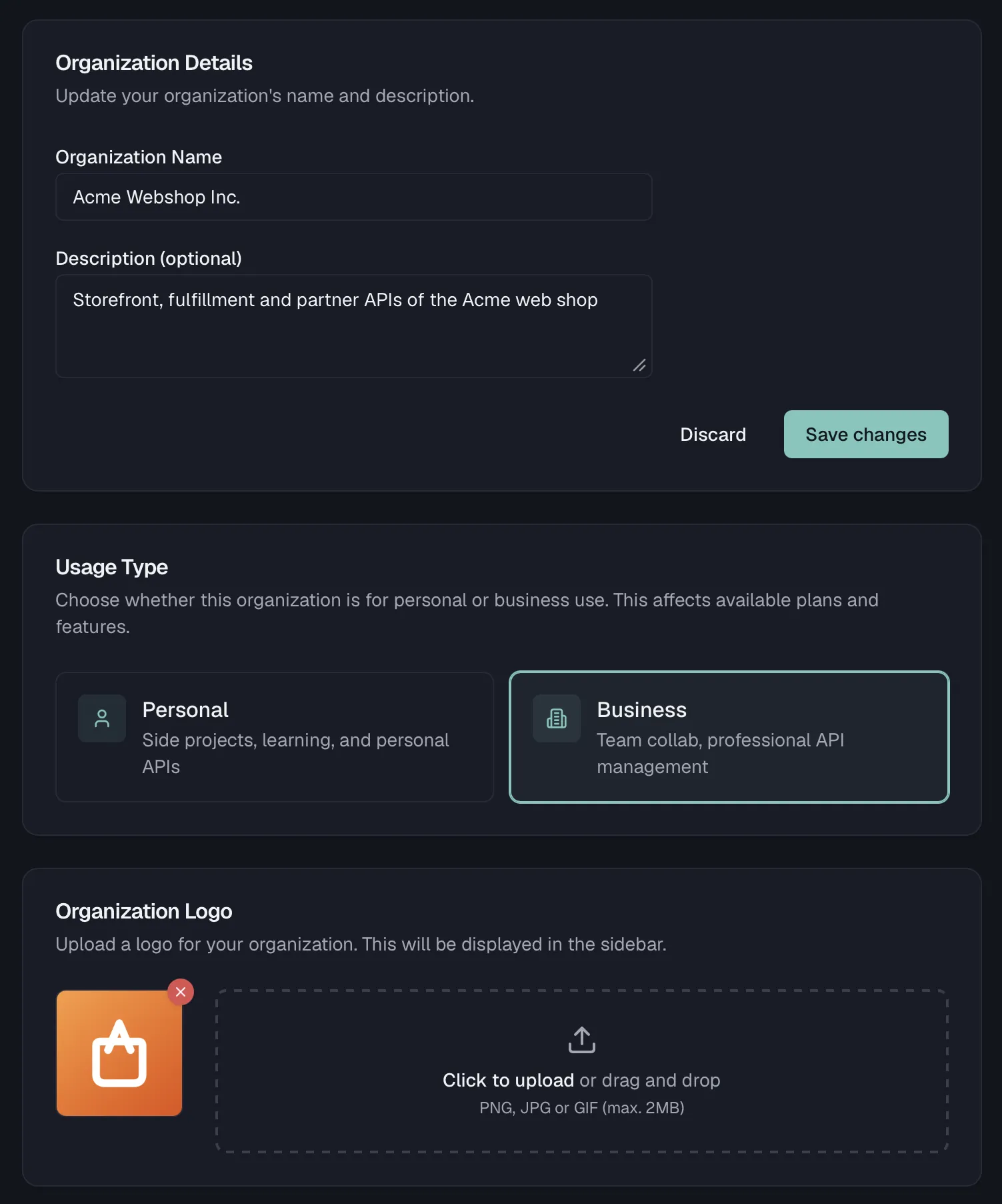 The General organization settings page with name, description and logo