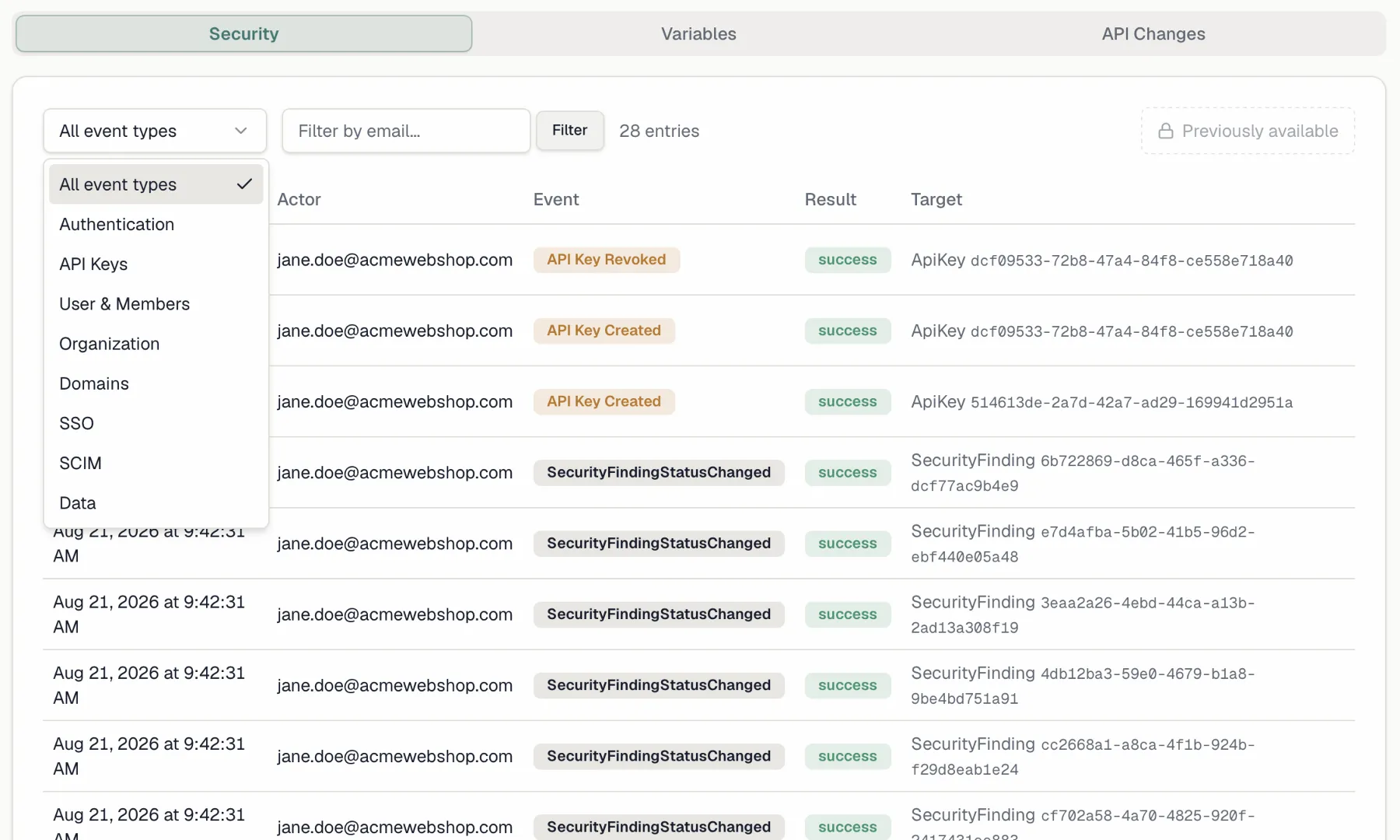 The Audit Log page on the Security tab with event type filters