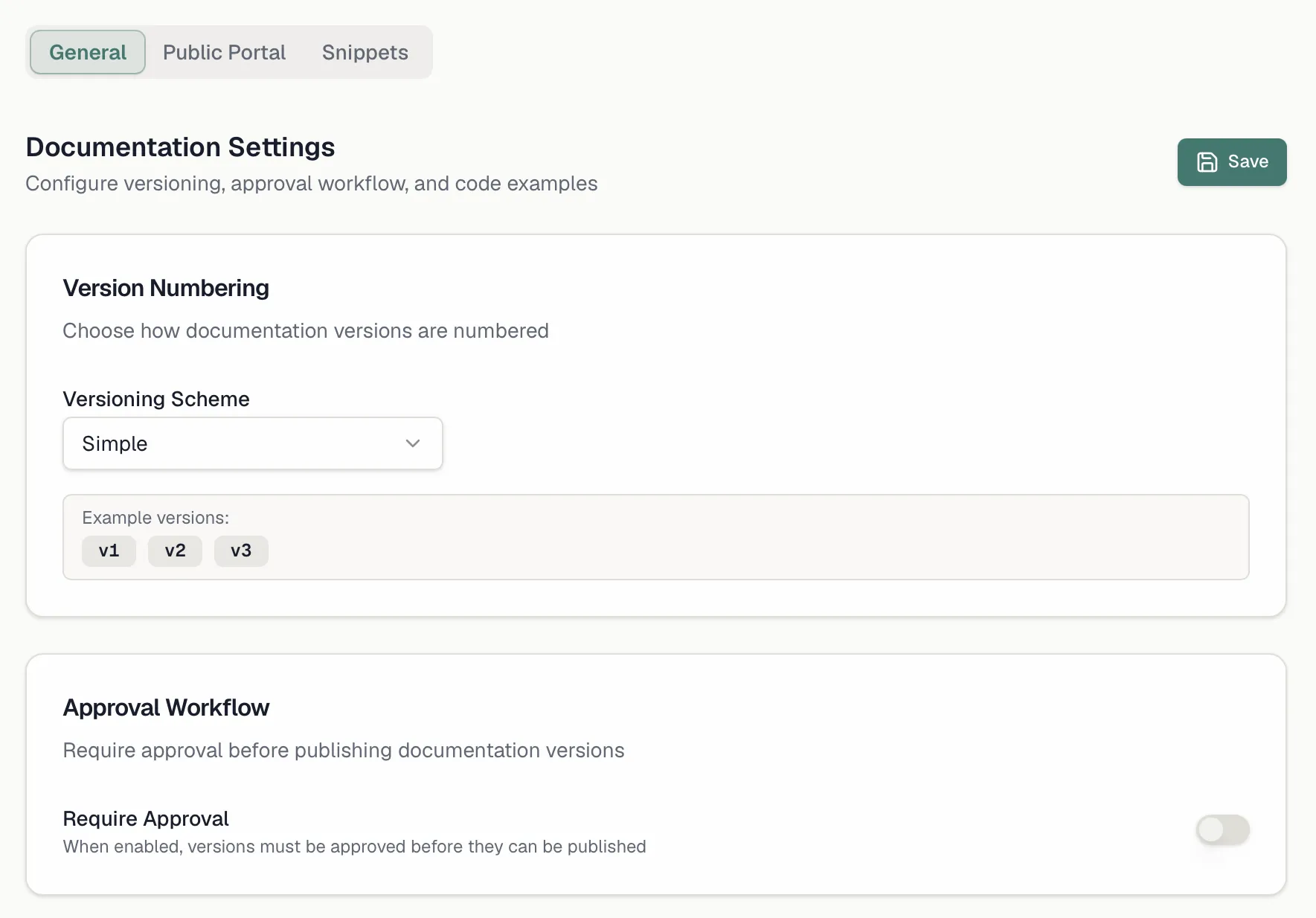 Documentation settings showing version numbering and the approval workflow