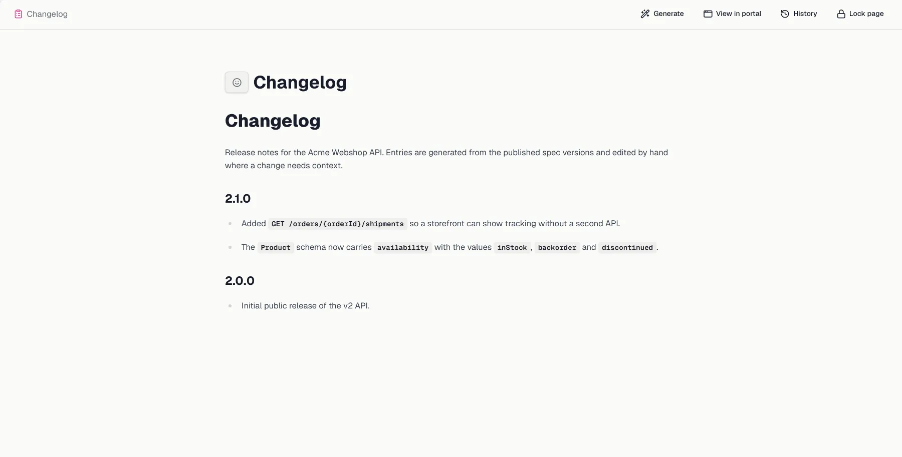 A changelog page in the editor with the Generate button in the header