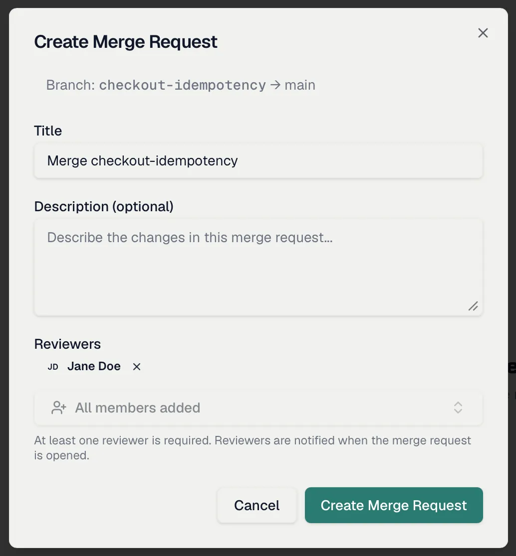 The Create Merge Request dialog with its title, description and the reviewer picker