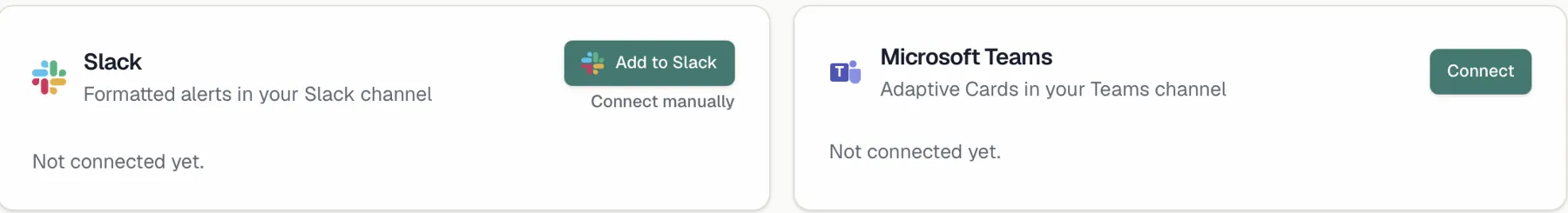 The Messaging settings page with the Slack and Microsoft Teams cards, neither connected yet