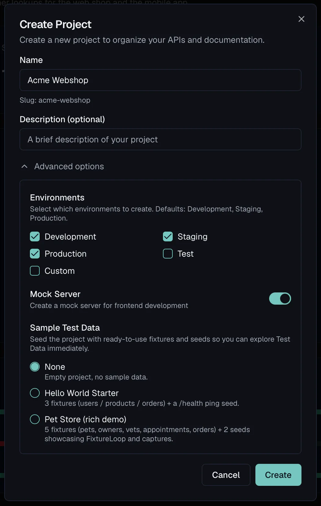 The Create Project dialog with advanced options expanded
