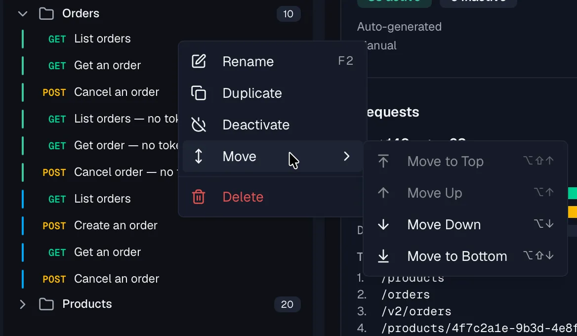 The mock rule tree with the context menu open and the Move submenu expanded