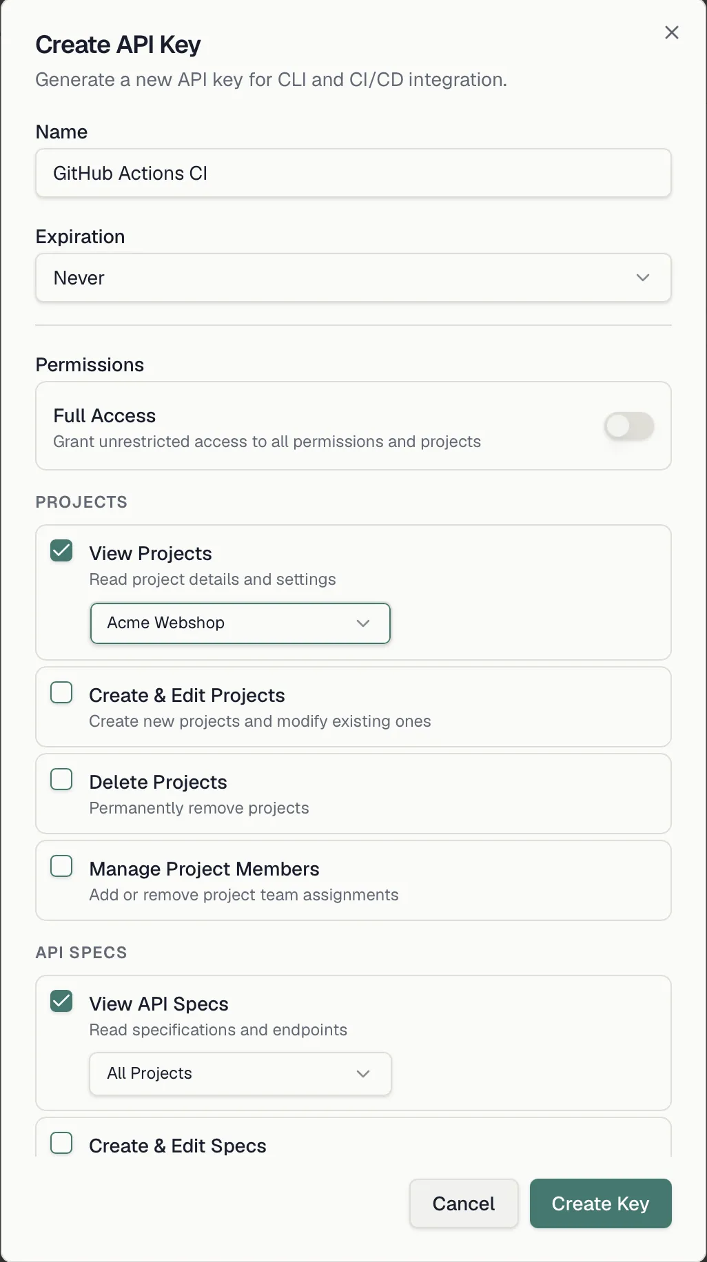 The scope editor with the Full Access switch off and per-permission project restriction