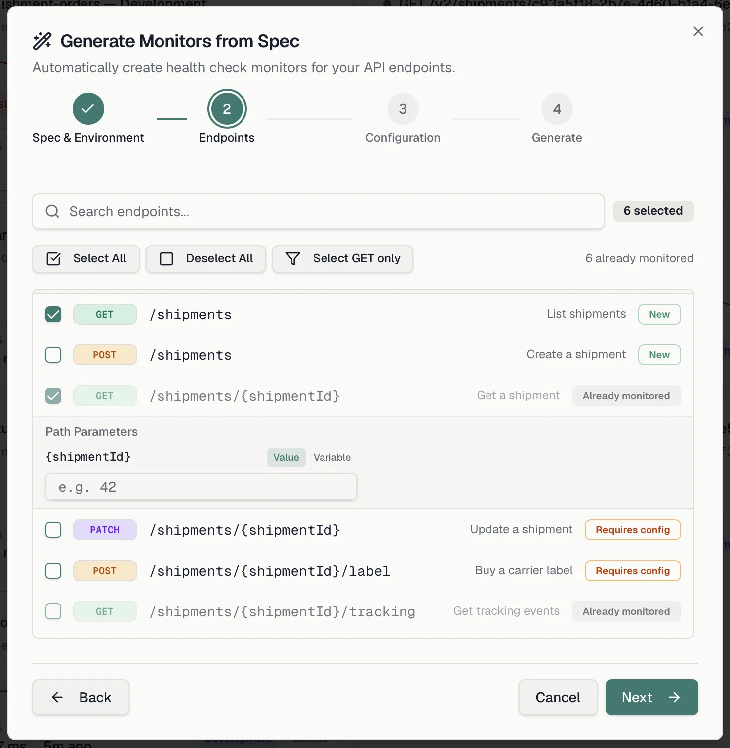 The Generate from Spec wizard on the endpoint selection step with already monitored endpoints skipped