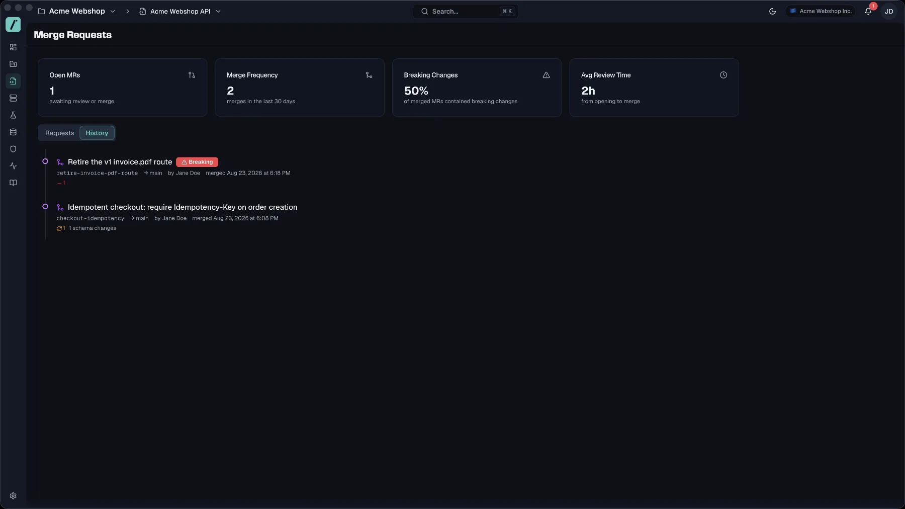 The merge history timeline with a breaking merge and its recorded diff