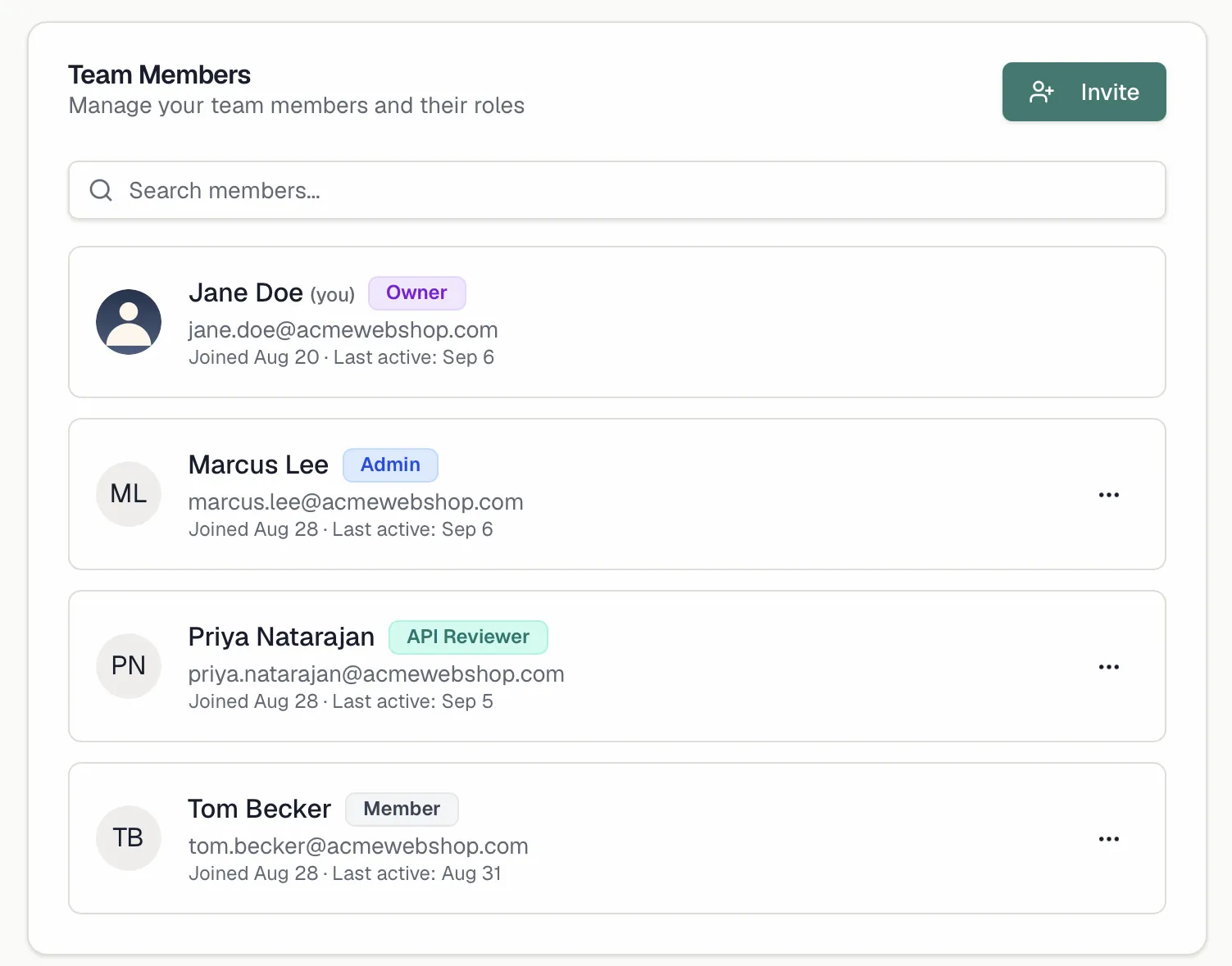 The Team Members list with role badges and the Invite button