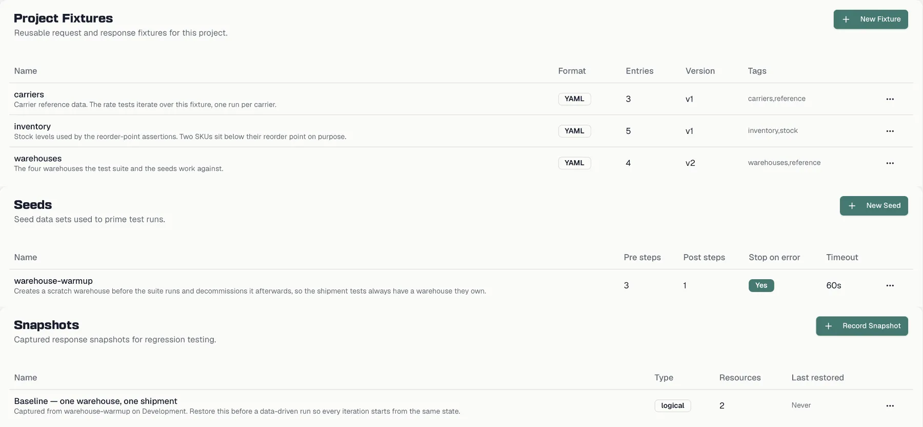 The Test Data page with fixtures, seeds and snapshots sections