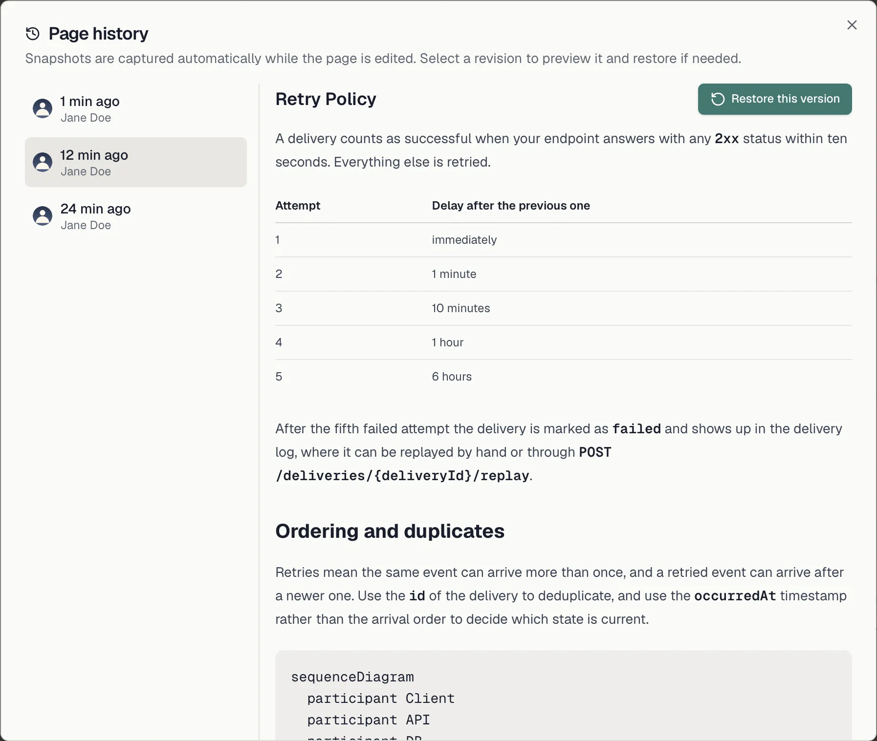 The page history with the revision list on the left, the selected revision rendered on the right and Restore this version