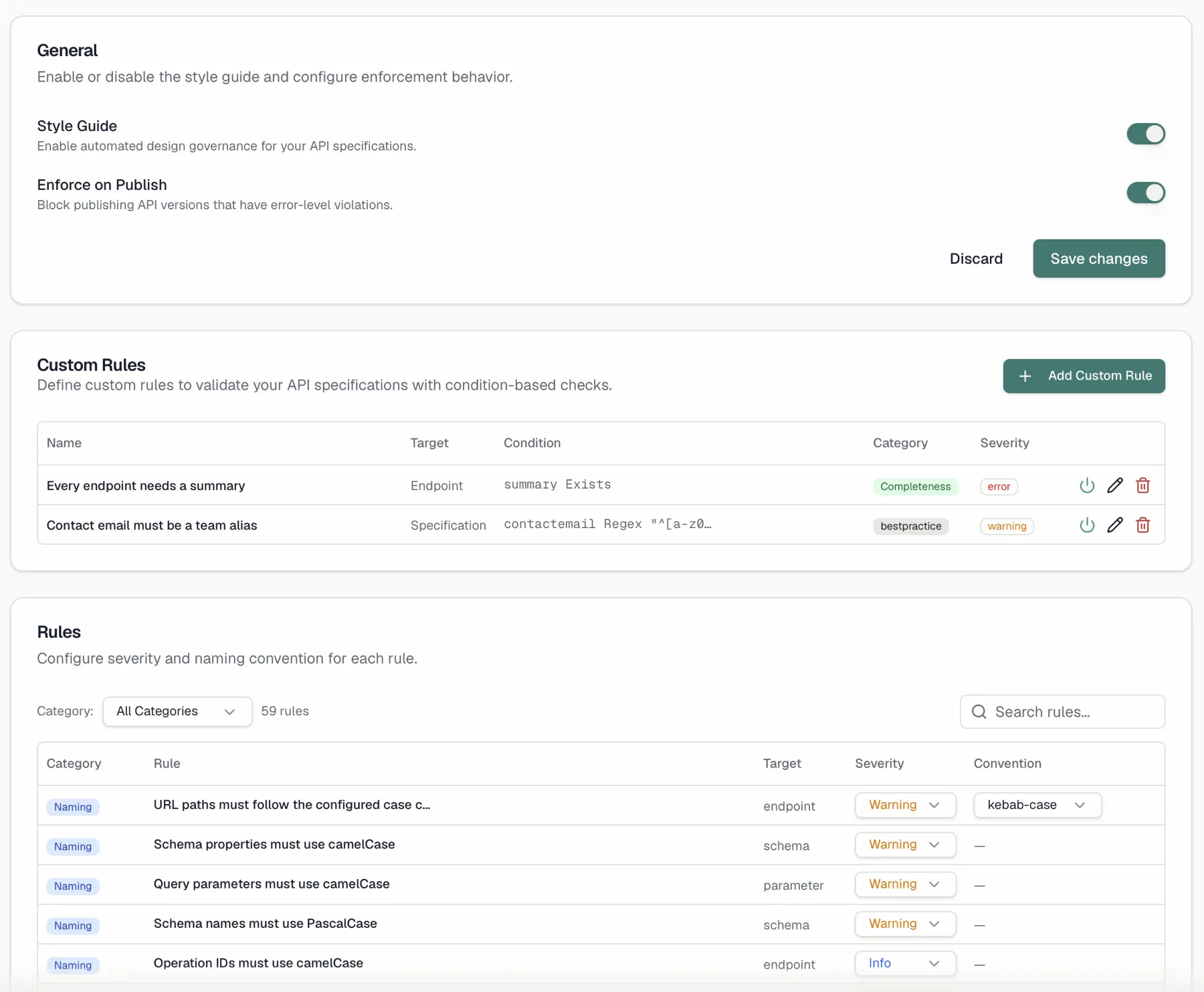 The Style Guide settings page with the General card and the rules table