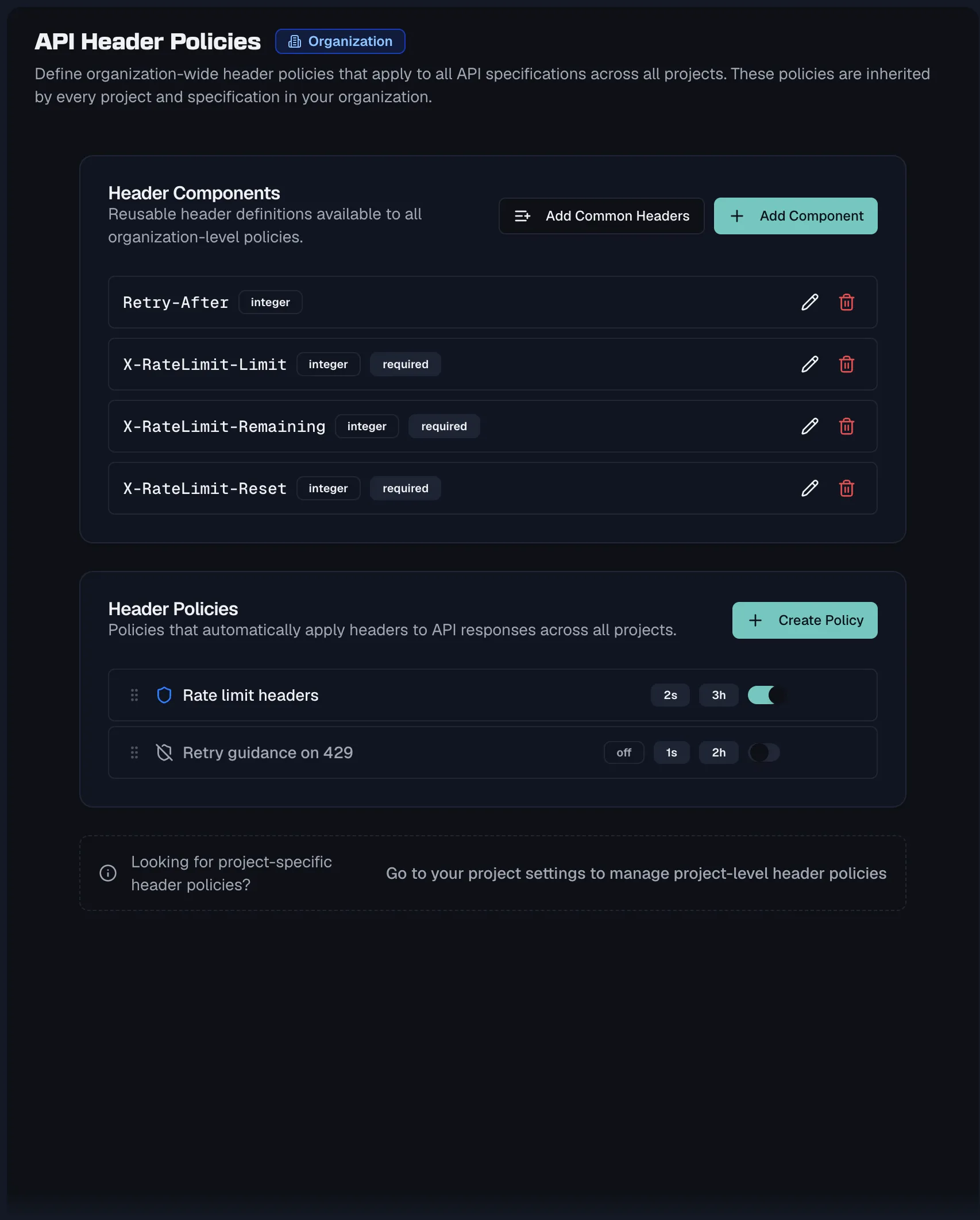 The API Header Policies settings page with the policy list and header components card