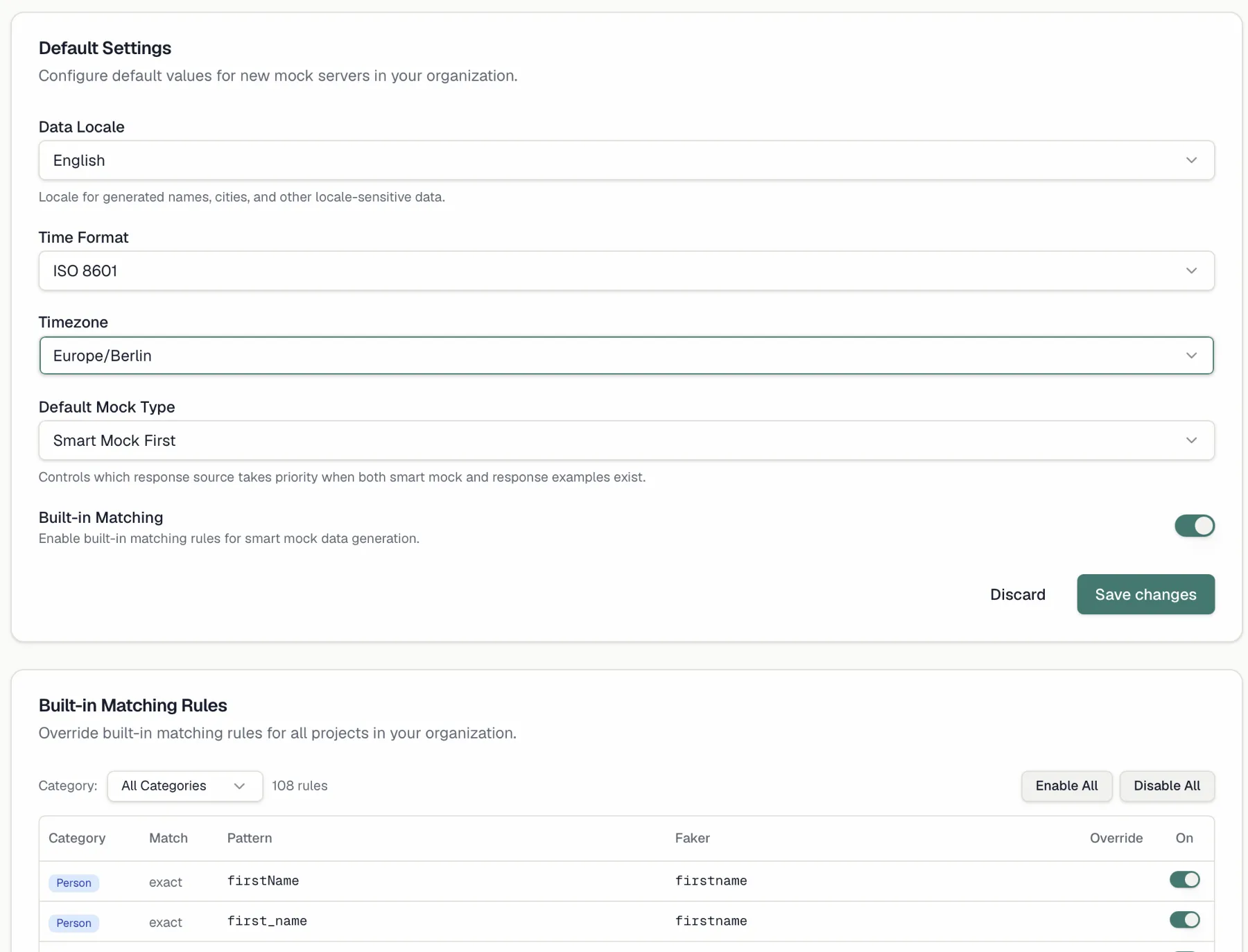 Organization mock server settings with default settings and matching rule cards