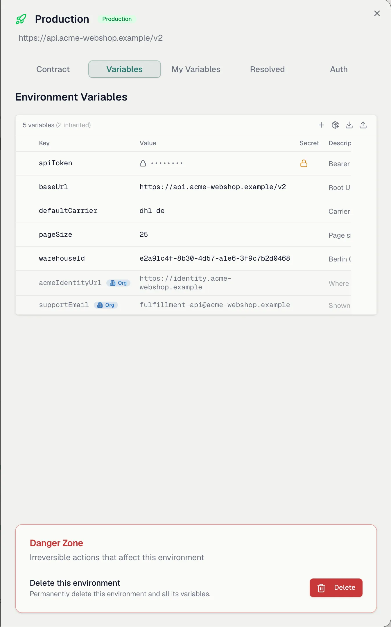 The environment detail sheet with the Variables tab open