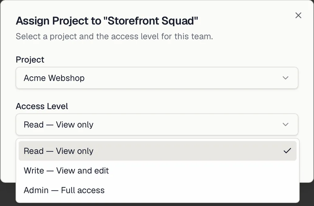 The Assign Project dialog with project and access level selection