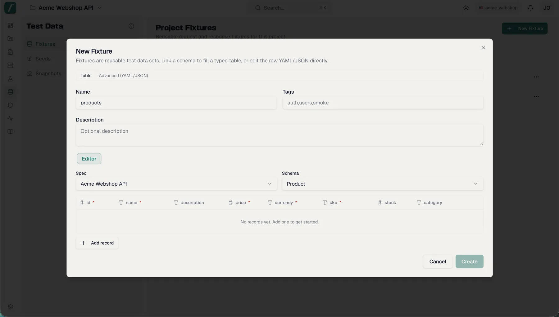 The fixture editor in Table mode with a linked schema and a typed row table