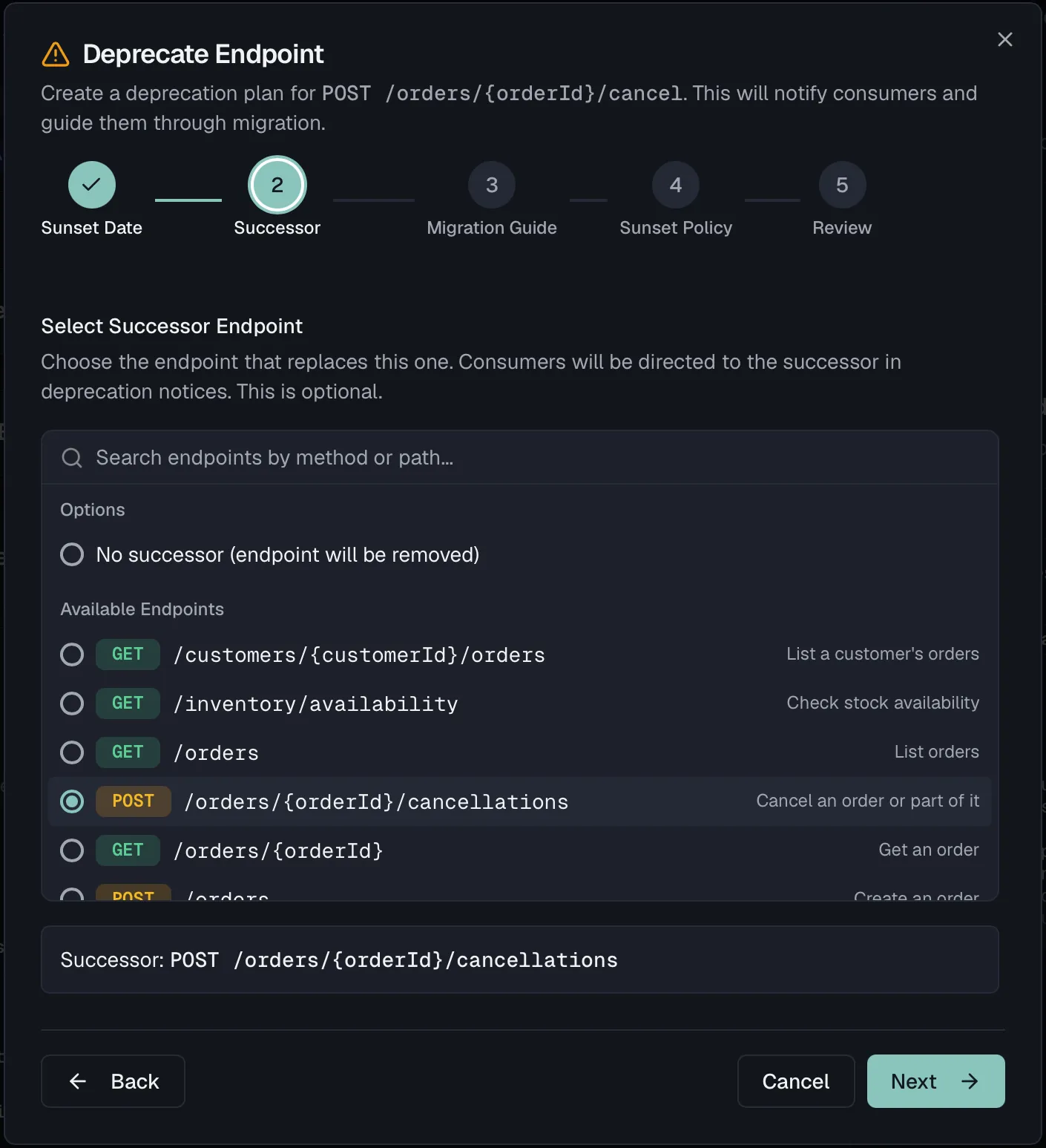 The deprecation wizard on the Successor step with the endpoint search open and one endpoint selected