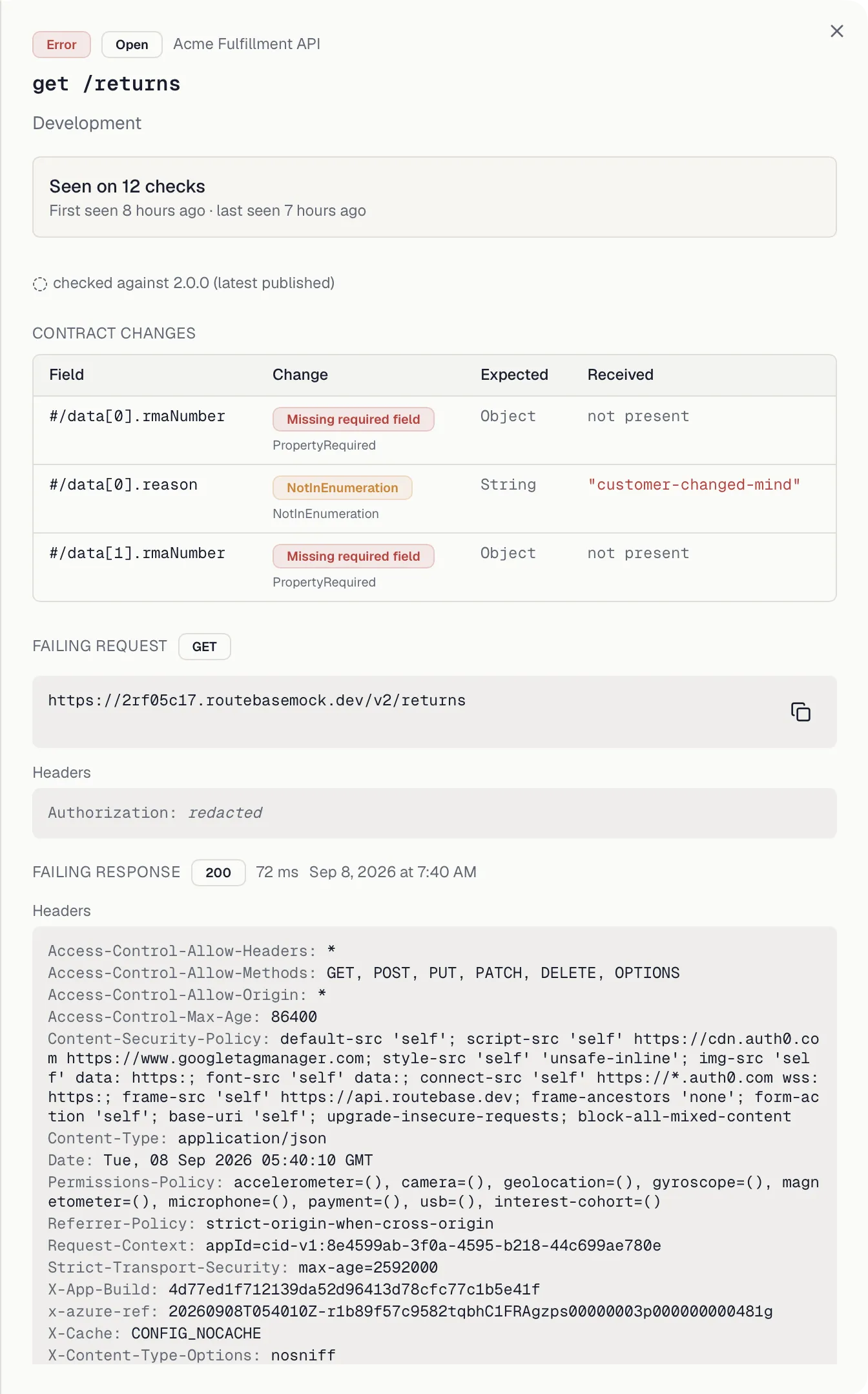 The drift detail sheet with the contract-changes table and the expanded failing request and response
