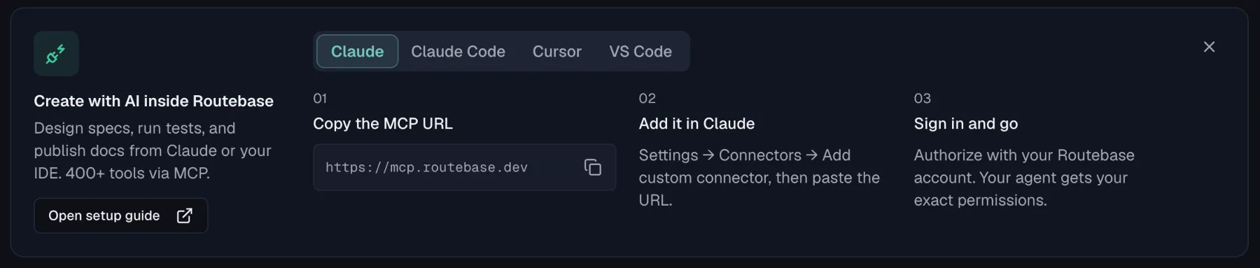 The Connect MCP card on the dashboard with the Claude tab and its three setup steps